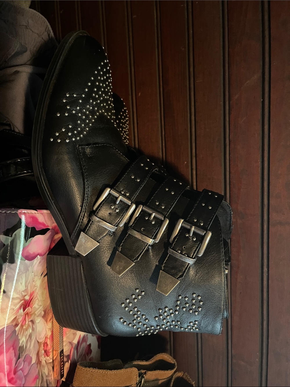 London Fog Black Studded Triple-Buckle Ankle Boot